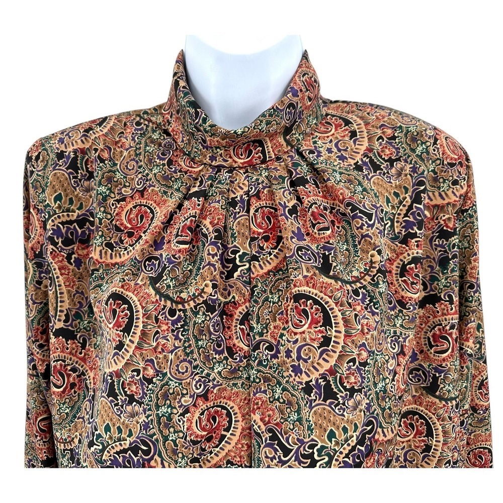 VTG Jessica Lynn Size 8 Paisley Pleated Mock Neck Blouse Long Buttoned Sleeves